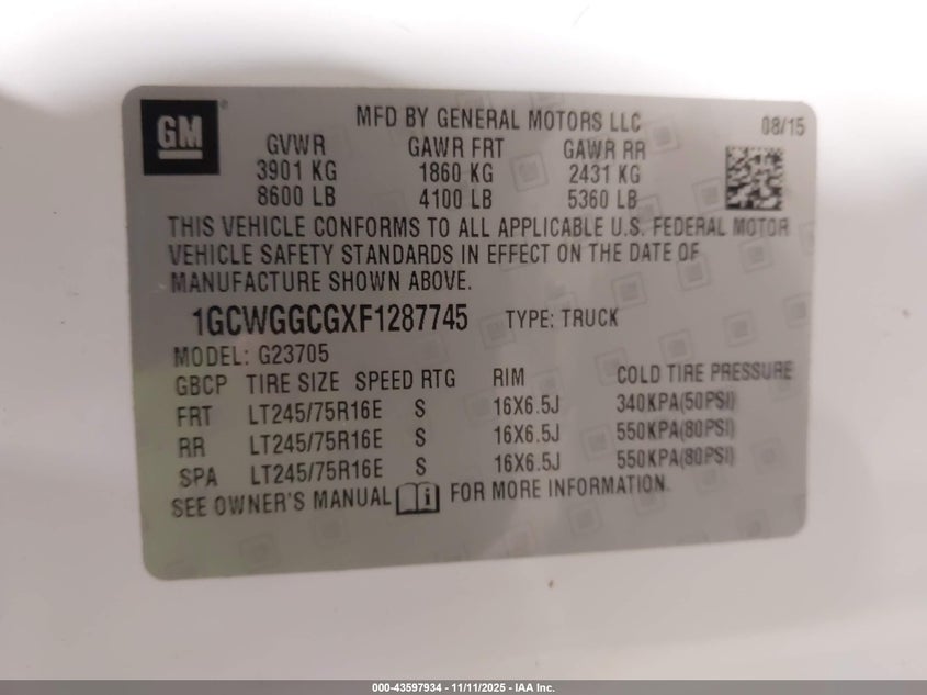 2015 CHEVROLET EXPRESS 2500 WORK VAN - 1GCWGGCGXF1287745