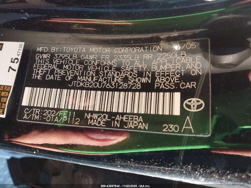 2006 Toyota Prius VIN: JTDKB20U763128728 Lot: 43597944