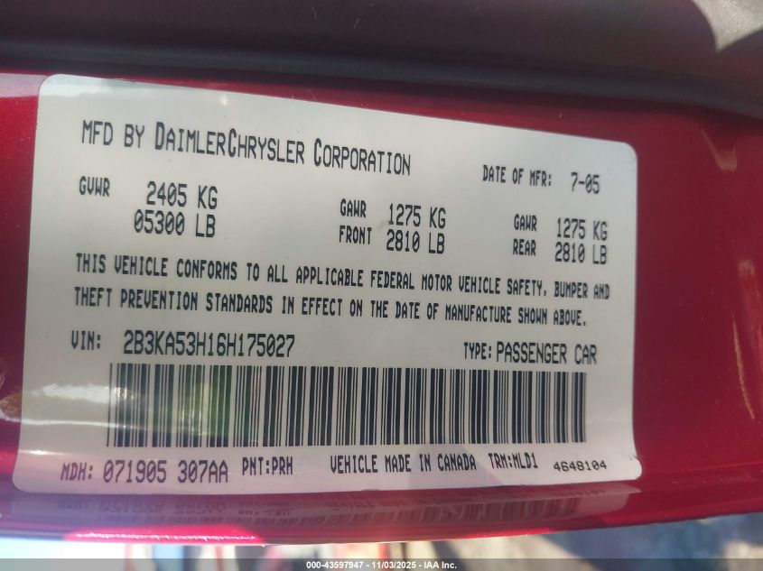 2006 Dodge Charger Rt VIN: 2B3KA53H16H175027 Lot: 43597947