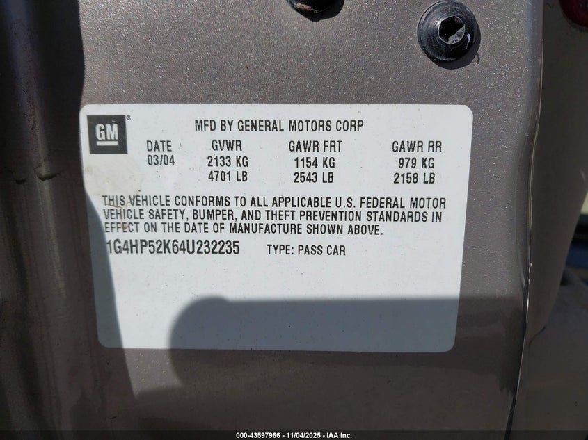 2004 Buick Lesabre Custom VIN: 1G4HP52K64U232235 Lot: 43597966