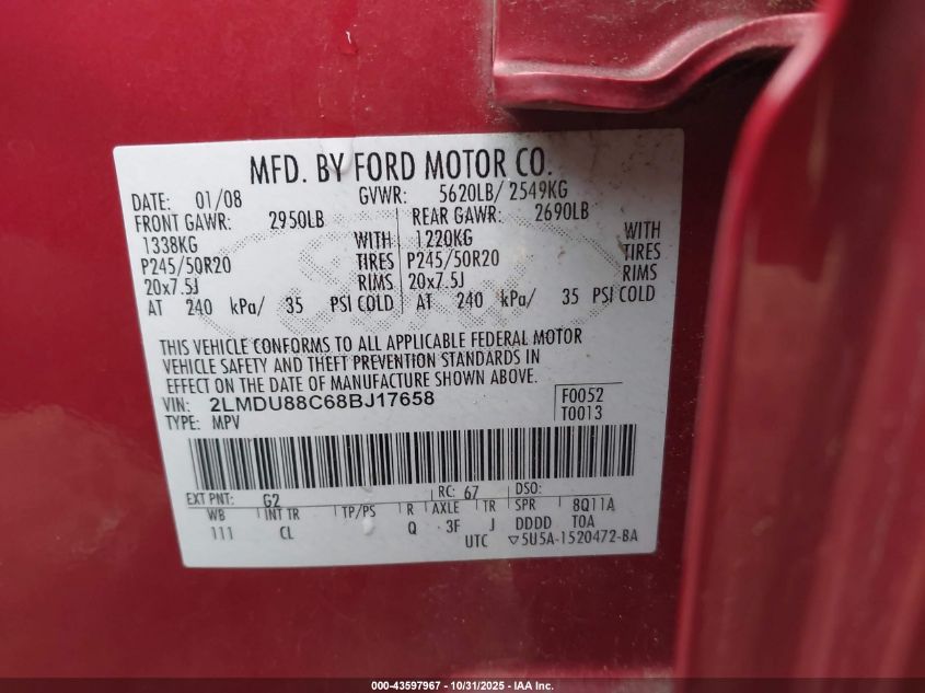2008 Lincoln Mkx VIN: 2LMDU88C68BJ17658 Lot: 43597967