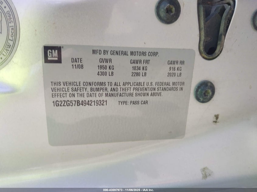2009 Pontiac G6 VIN: 1G2ZG57B494219321 Lot: 43597973