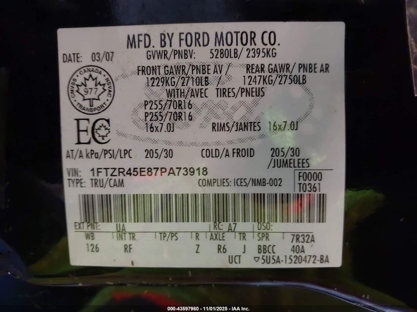 2007 Ford Ranger Fx4 Level Ii/Fx4 Off-Road/Sport/Xlt VIN: 1FTZR45E87PA73918 Lot: 43597980
