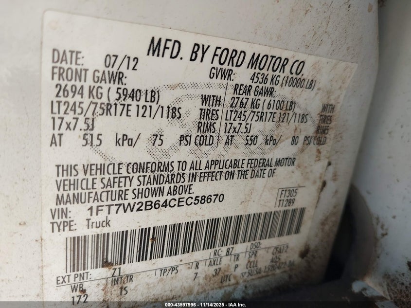 2012 Ford F-250 Xl VIN: 1FT7W2B64CEC58670 Lot: 43597996