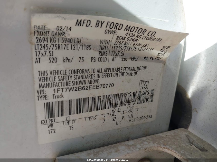 2014 Ford F-250 Xl VIN: 1FT7W2B62EEB70770 Lot: 43597997