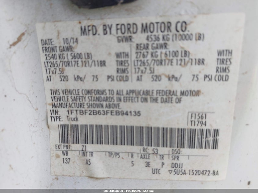 2015 Ford F-250 Xl VIN: 1FTBF2B63FEB94135 Lot: 43598000