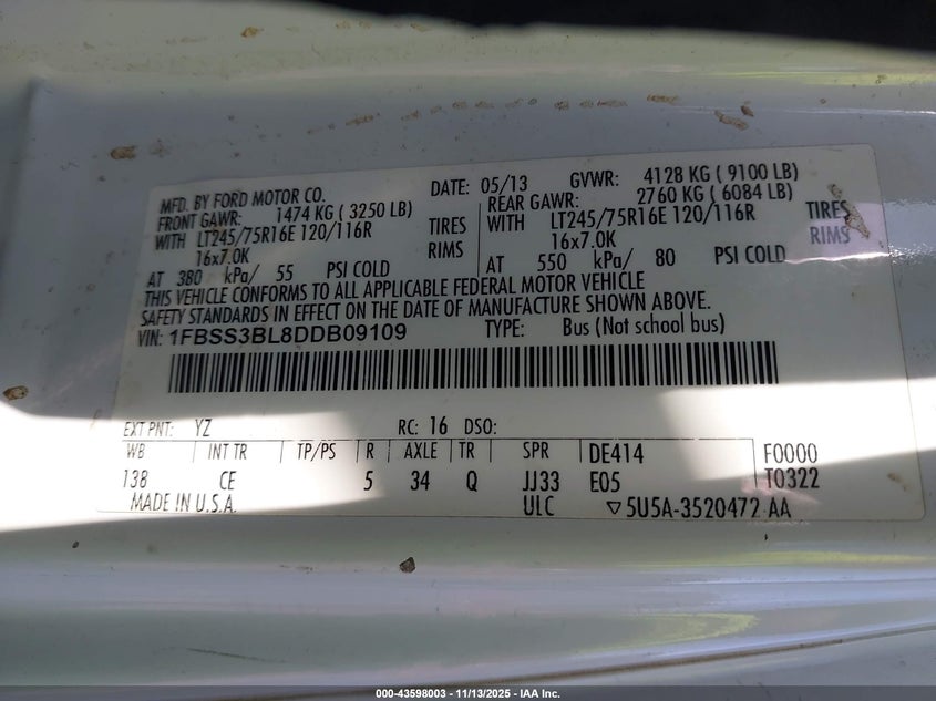 2013 Ford E-350 Super Duty Xl VIN: 1FBSS3BL8DDB09109 Lot: 43598003