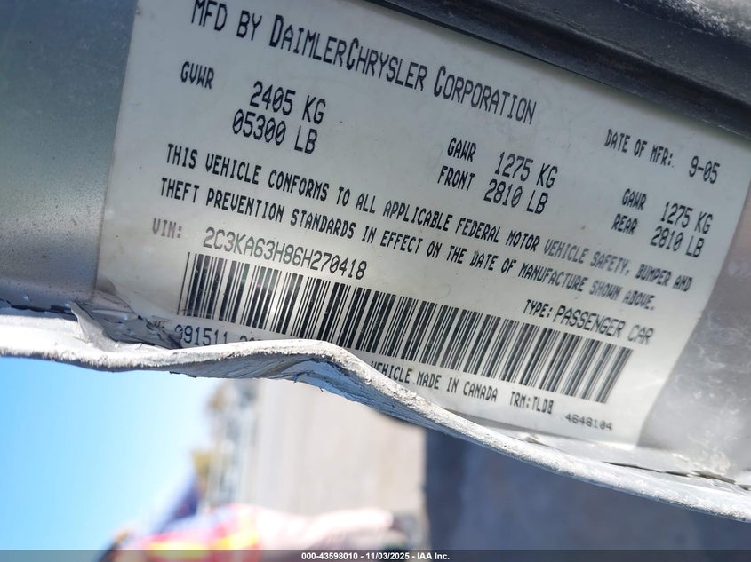 2006 Chrysler 300C VIN: 2C3KA63H86H270418 Lot: 43598010