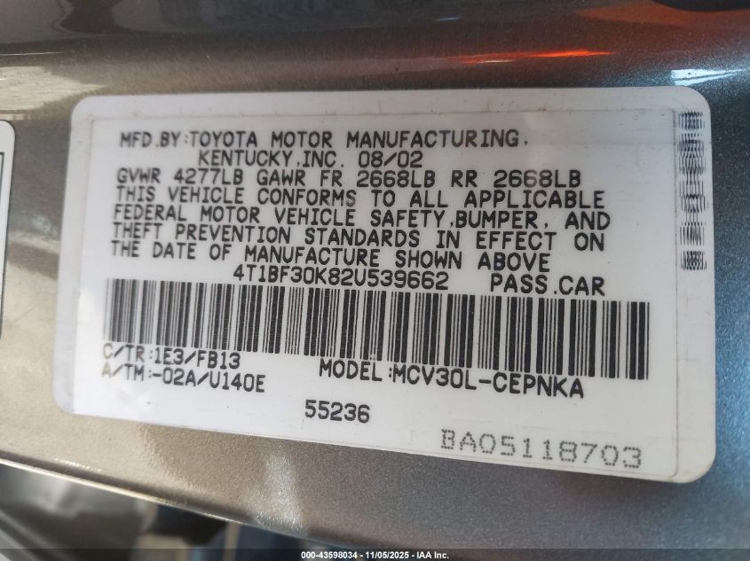 2002 Toyota Camry Le V6 VIN: 4T1BF30K82U539662 Lot: 43598034