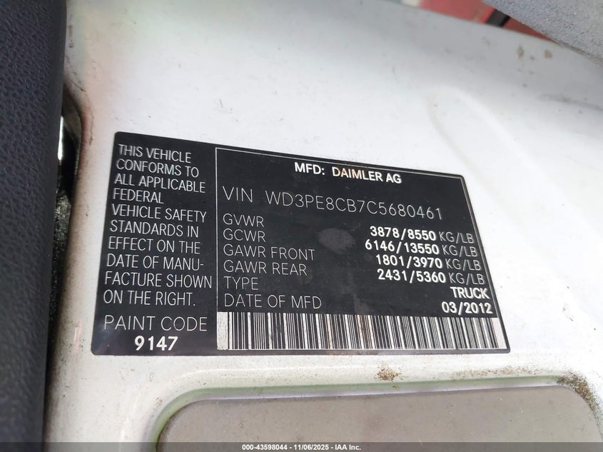 2012 Mercedes-Benz Sprinter 2500 High Roof VIN: WD3PE8CB7C5680461 Lot: 43598044