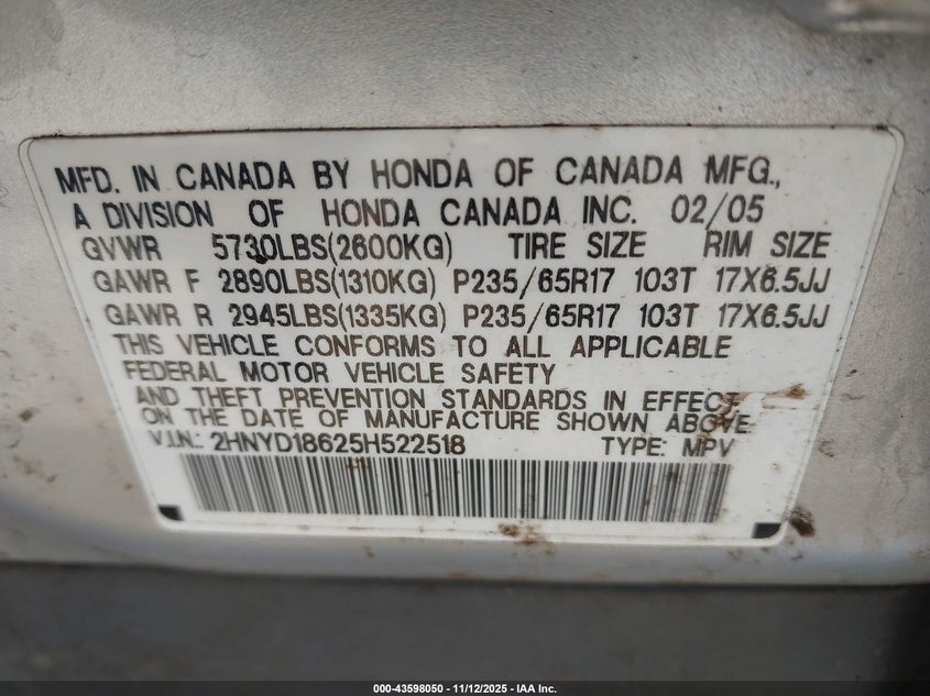 2005 Acura Mdx VIN: 2HNYD18625H522518 Lot: 43598050