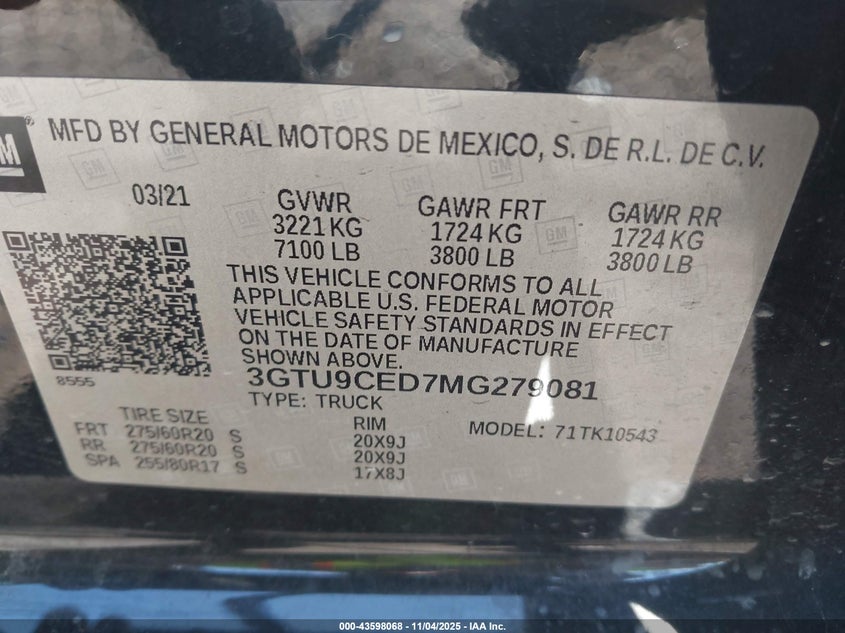 2021 GMC Sierra 1500 4Wd Short Box Elevation VIN: 3GTU9CED7MG279081 Lot: 43598068