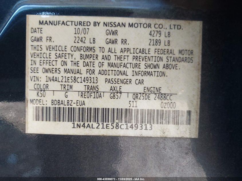 2008 Nissan Altima 2.5 S VIN: 1N4AL21E58C149313 Lot: 43598073