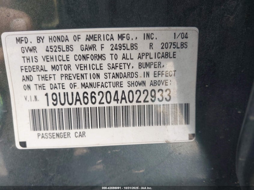 2004 Acura Tl VIN: 19UUA66204A022933 Lot: 43598091