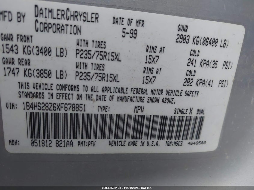 1B4HS28Z6XF678851 1999 DODGE DURANGO photo no. 9