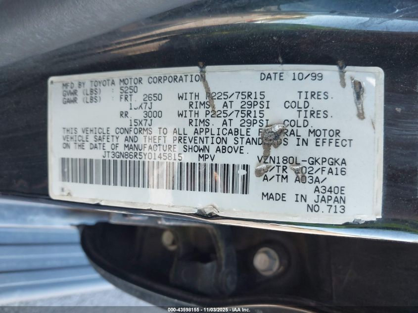2000 Toyota 4Runner Sr5 V6 VIN: JT3GN86R5Y0145815 Lot: 43598155