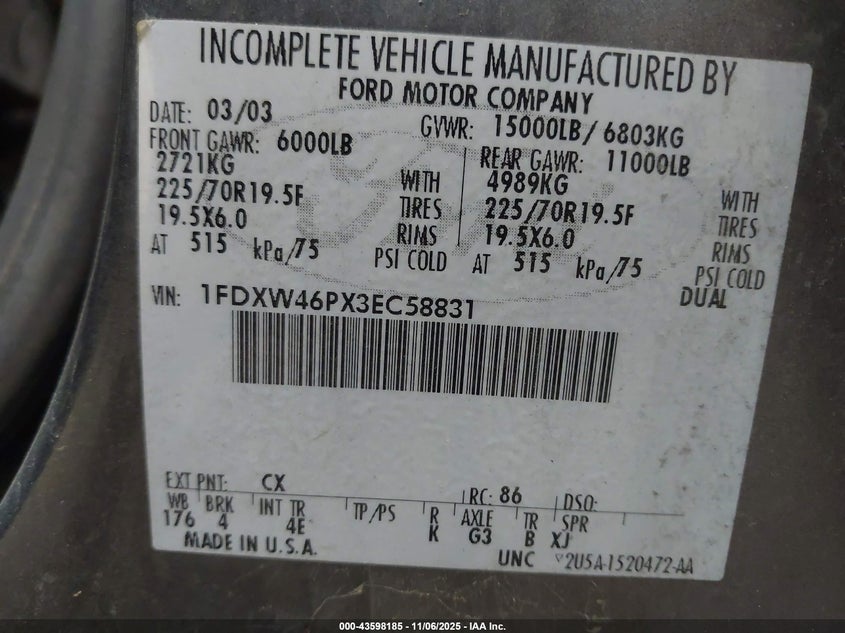 2003 Ford F-450 Lariat/Xl/Xlt VIN: 1FDXW46PX3EC58831 Lot: 43598185