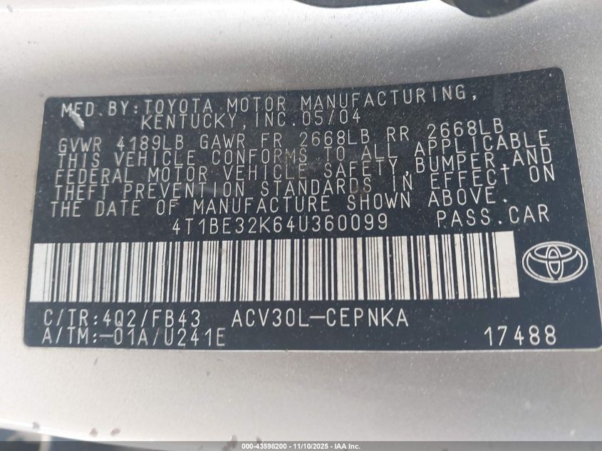 2004 Toyota Camry Le VIN: 4T1BE32K64U360099 Lot: 43598200