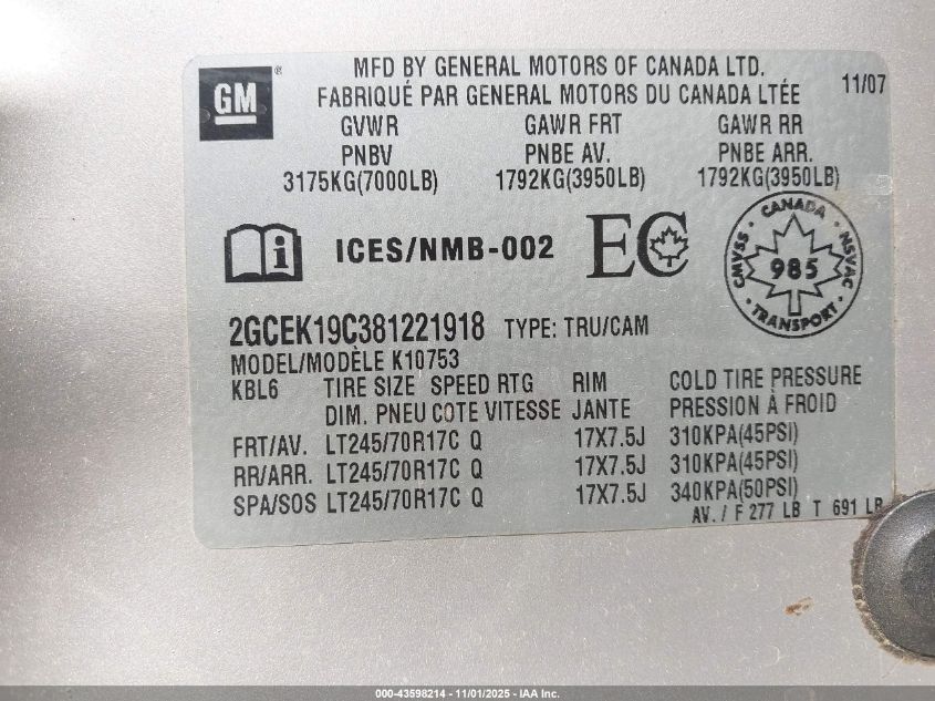 2008 Chevrolet Silverado 1500 Ls/Lt1/Work Truck VIN: 2GCEK19C381221918 Lot: 43598214