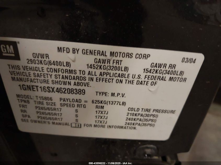 2004 Chevrolet Trailblazer Ext Ls VIN: 1GNET16SX46208389 Lot: 43598222