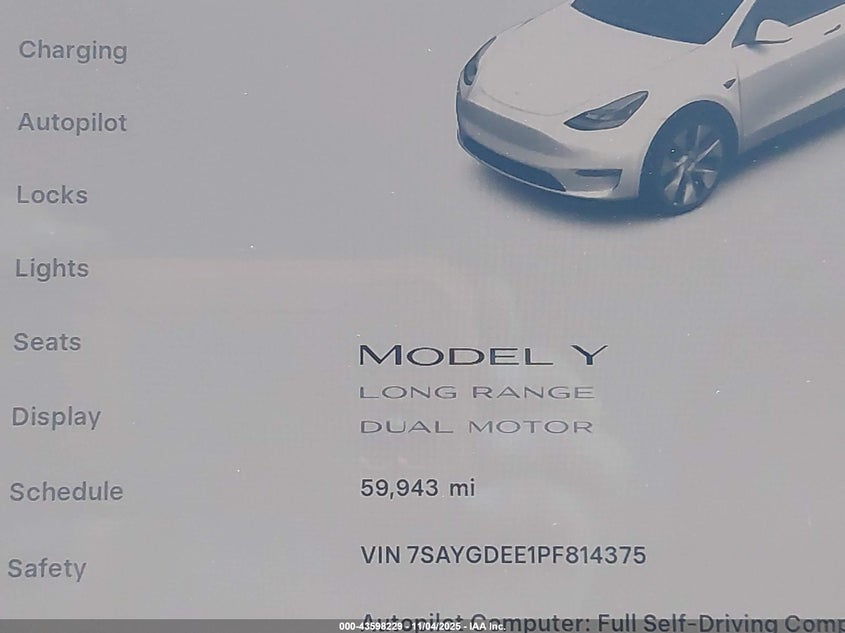 2023 Tesla Model Y Awd/Long Range Dual Motor All-Wheel Drive VIN: 7SAYGDEE1PF814375 Lot: 43598229