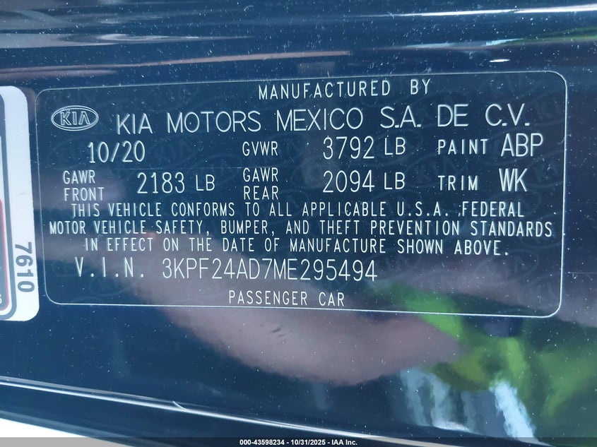2021 Kia Forte Lxs VIN: 3KPF24AD7ME295494 Lot: 43598234