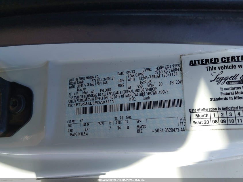 2014 Ford E-350 Super Duty Commercial VIN: 1FTSS3EL5EDA03211 Lot: 43598239