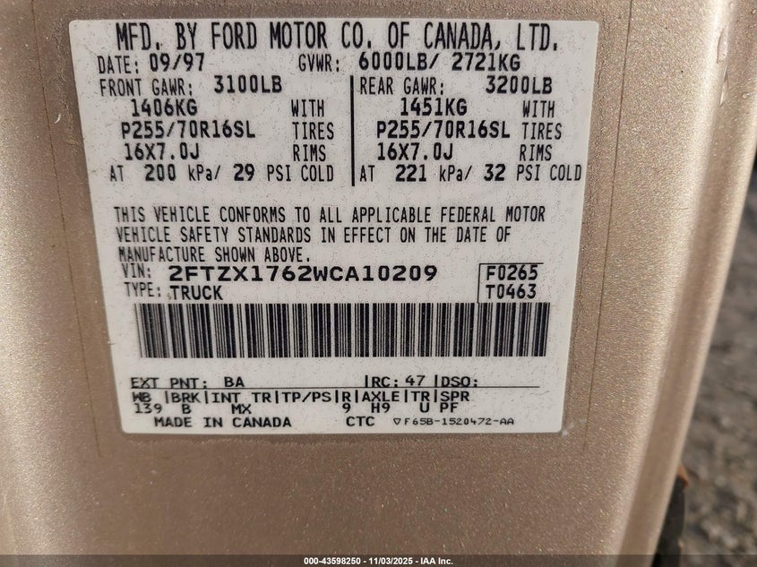 1998 Ford F-150 Lariat/Standard/Xl/Xlt VIN: 2FTZX1762WCA10209 Lot: 43598250