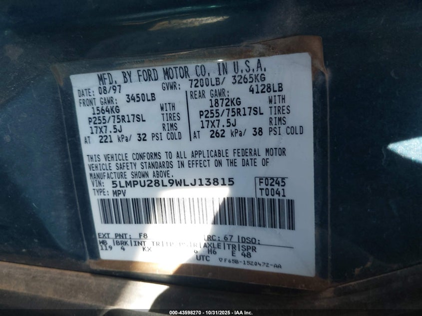 1998 Lincoln Navigator VIN: 5LMPU28L9WLJ13815 Lot: 43598270