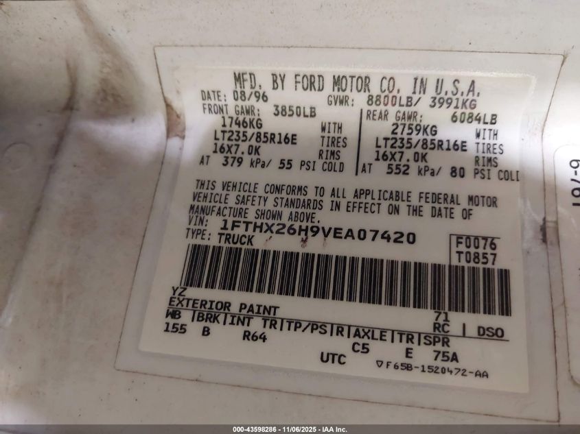 1997 Ford F-250 Xl VIN: 1FTHX26H9VEA07420 Lot: 43598286