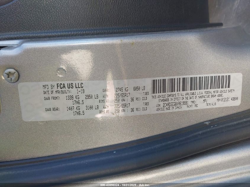 2019 Dodge Grand Caravan Gt VIN: 2C4RDGEG6KR619981 Lot: 43598324