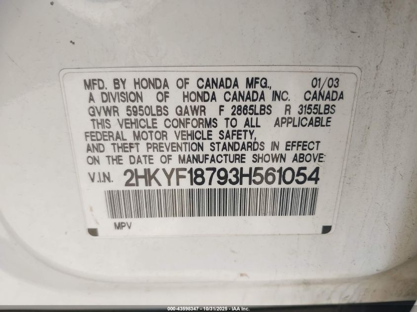 2003 Honda Pilot Ex-L VIN: 2HKYF18793H561054 Lot: 43598347