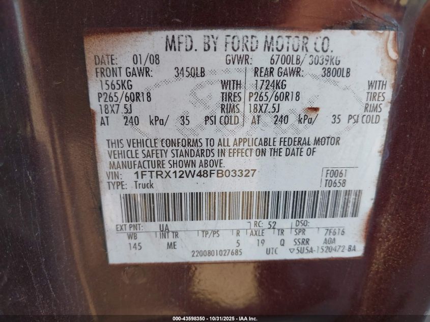 2008 Ford F-150 Fx2/Stx/Xl/Xlt VIN: 1FTRX12W48FB03327 Lot: 43598350
