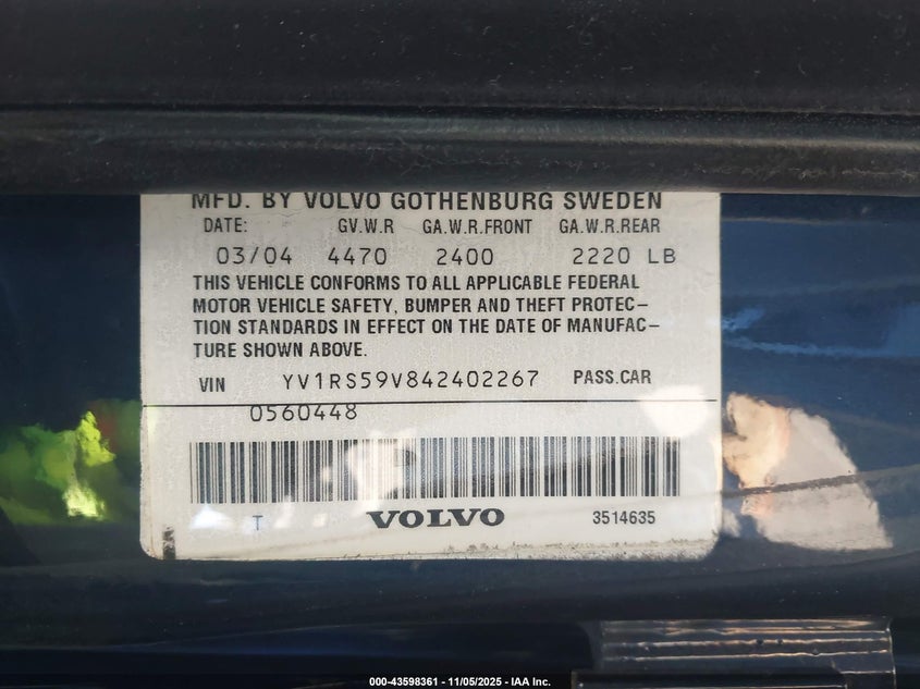 2004 Volvo S60 2.5T VIN: YV1RS59V842402267 Lot: 43598361