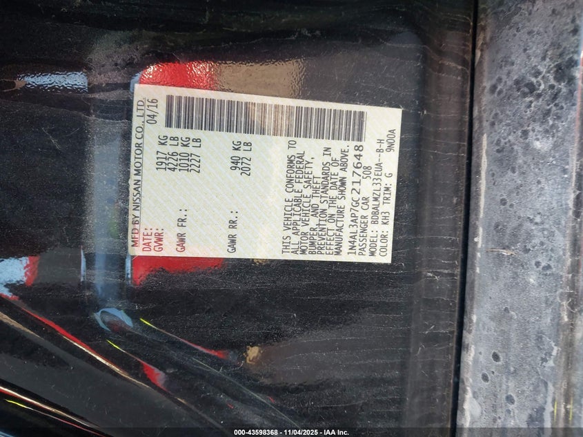 2016 NISSAN ALTIMA 2.5 SV 1N4AL3AP7GC217648