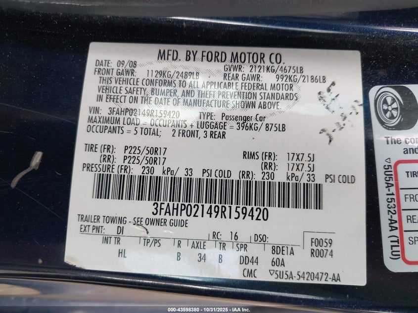 2009 Ford Fusion Sel VIN: 3FAHP02149R159420 Lot: 43598380