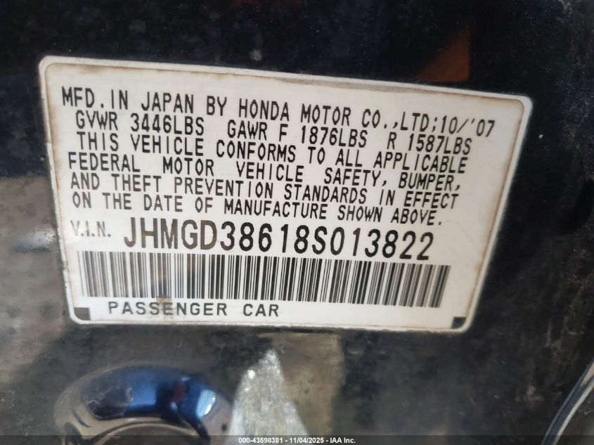 2008 Honda Fit Sport VIN: JHMGD38618S013822 Lot: 43598381