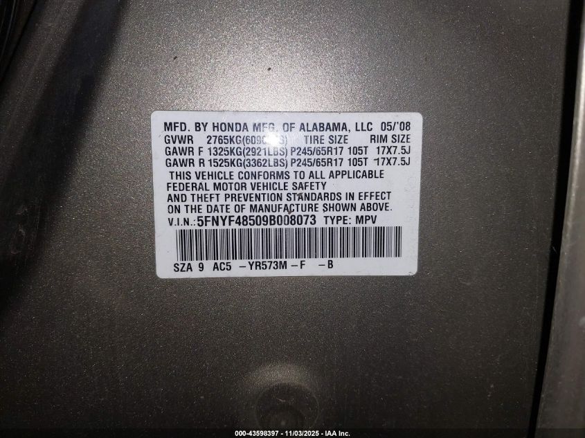 2009 Honda Pilot Ex-L VIN: 5FNYF48509B008073 Lot: 43598397