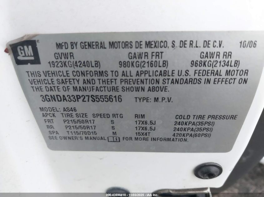 2007 Chevrolet Hhr Lt VIN: 3GNDA33P27S555616 Lot: 43598418