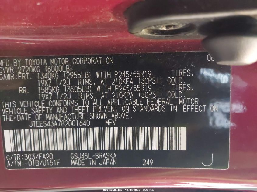 2008 Toyota Highlander Sport VIN: JTEES43A782001640 Lot: 43598433