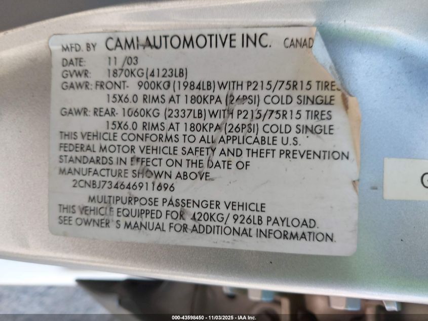 2004 Chevrolet Tracker Zr2 VIN: 2CNBJ734646911696 Lot: 43598450