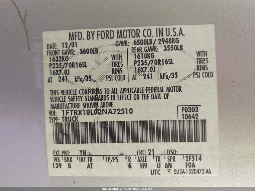 2002 Ford F-150 Lariat/Xl/Xlt VIN: 1FTRX18L02NA72510 Lot: 43598470