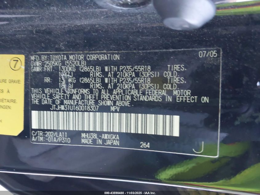 2006 Lexus Rx 400H VIN: JTJHW31U160018307 Lot: 43598488