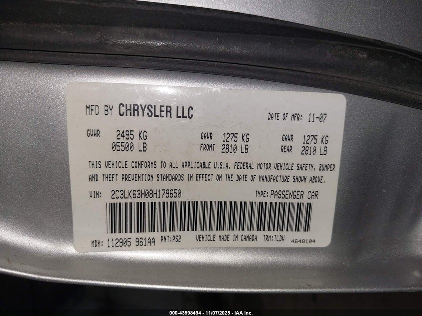 2008 Chrysler 300C VIN: 2C3LK63H08H179650 Lot: 43598494