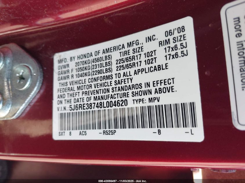 2008 Honda Cr-V Ex-L VIN: 5J6RE38748L004620 Lot: 43598497