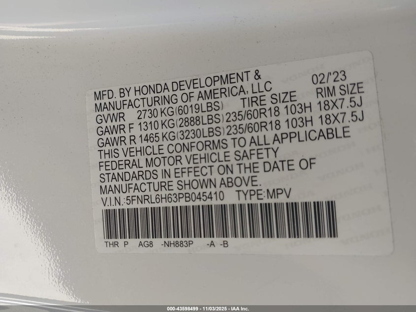 2023 HONDA ODYSSEY EX-L - 5FNRL6H63PB045410