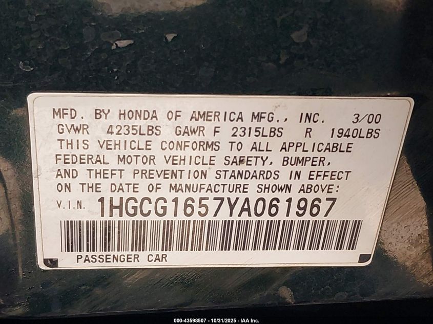 2000 Honda Accord 3.0 Ex VIN: 1HGCG1657YA061967 Lot: 43598507