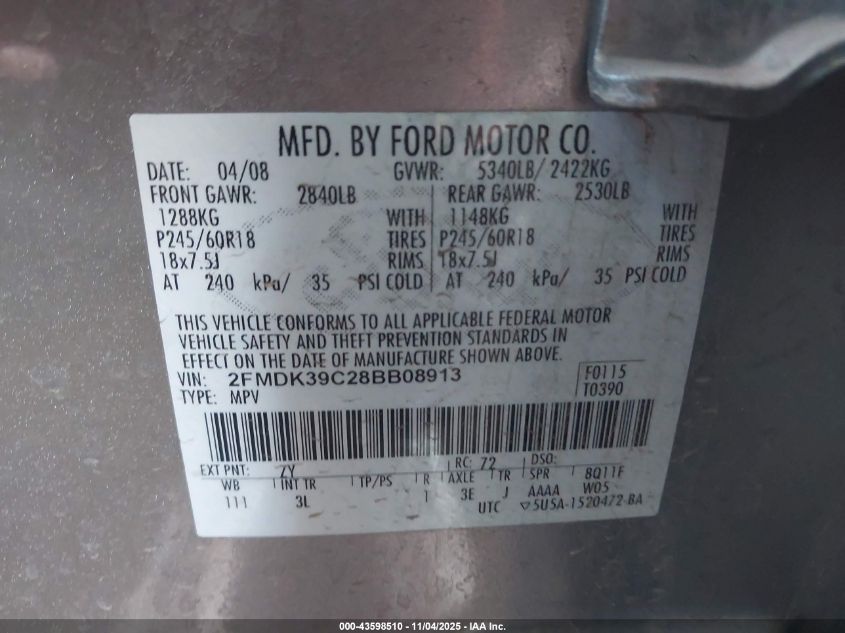 2008 Ford Edge Limited VIN: 2FMDK39C28BB08913 Lot: 43598510