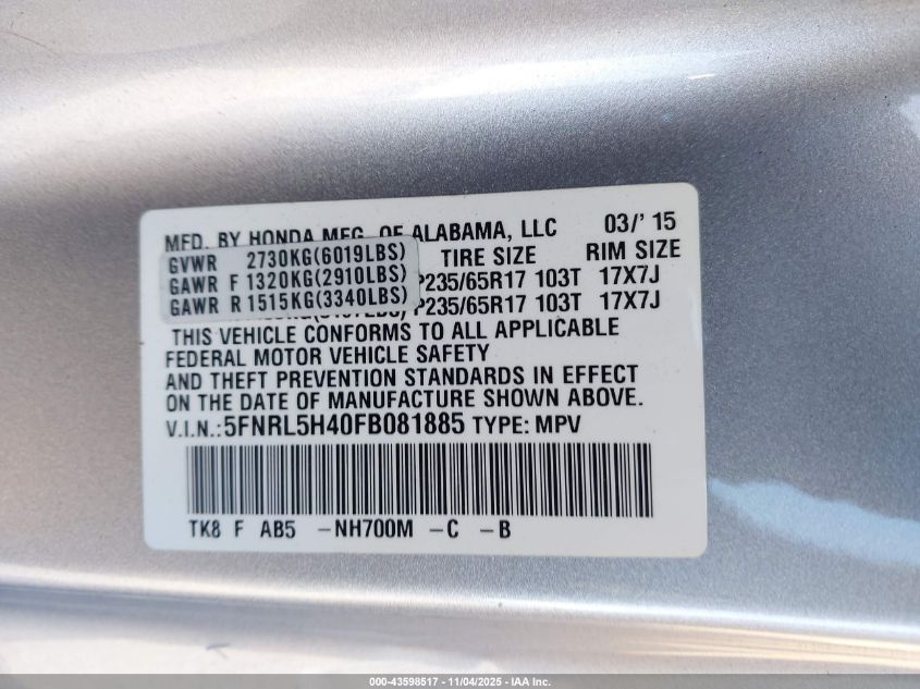 2015 Honda Odyssey Ex VIN: 5FNRL5H40FB081885 Lot: 43598517