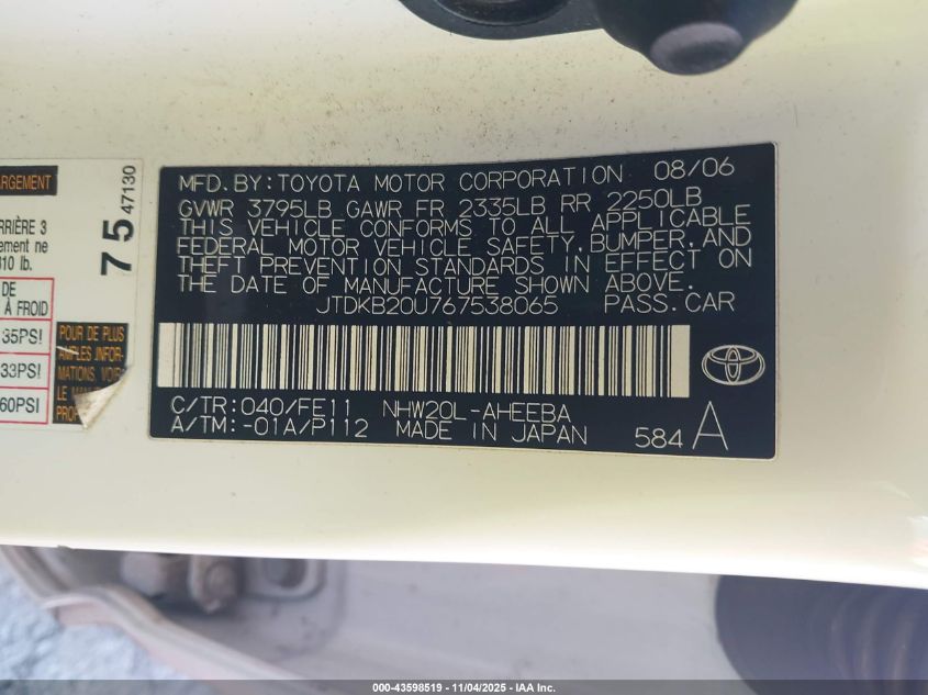 2006 Toyota Prius VIN: JTDKB20U767538065 Lot: 43598519